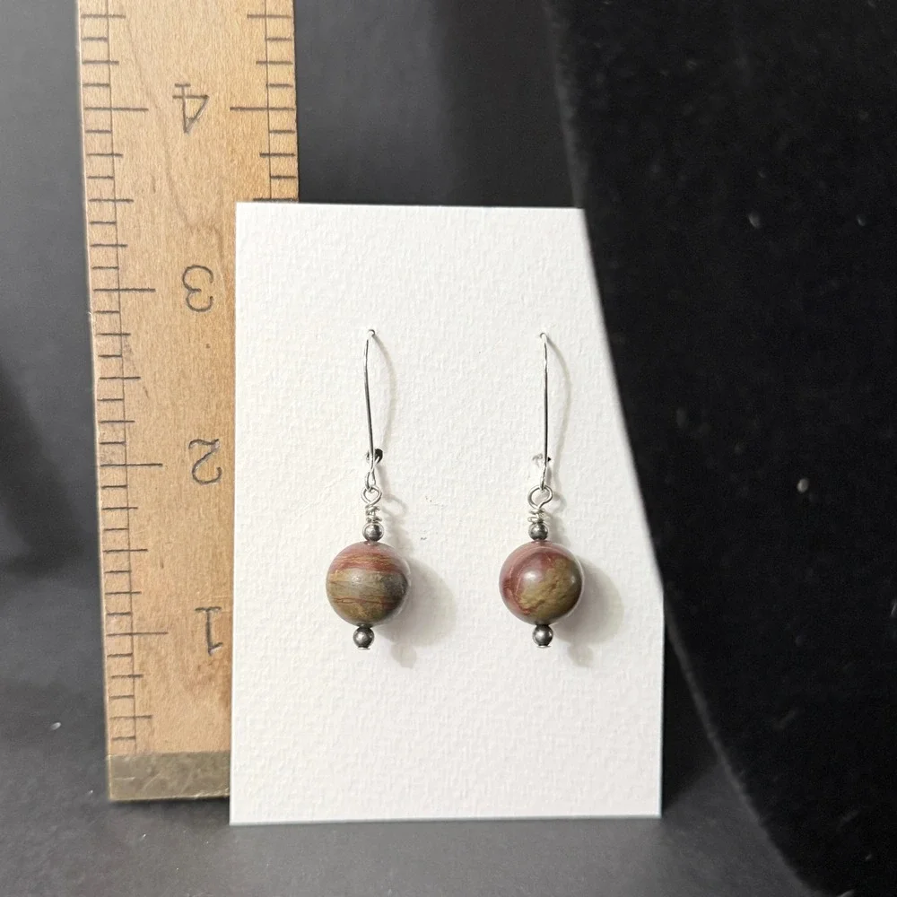 Chinese Writing Stone Earring Artisan Gemstone Silver tone Stephanie Aune Artist